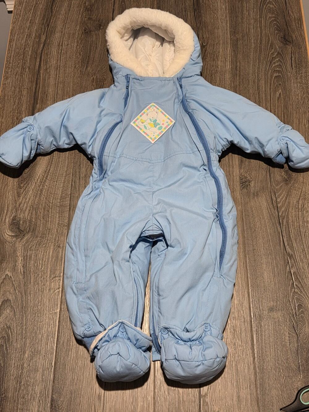 VINTAGE Kids & More Blue with White Faux Fur Trim Kids Ski Snowsuit 0-24M